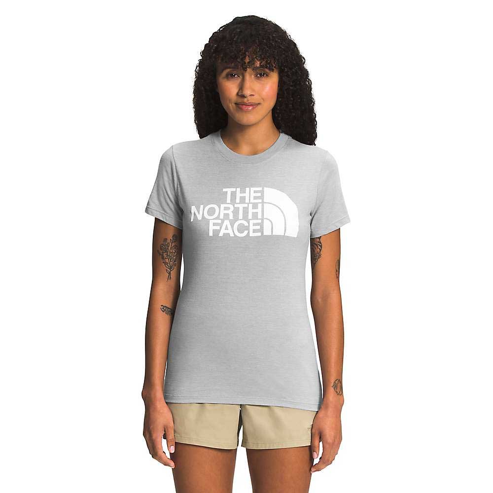Women’s light grey heather crewneck tee with Half Dome logo, front view on model.