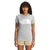 Women’s light grey heather crewneck tee with Half Dome logo, front view on model.