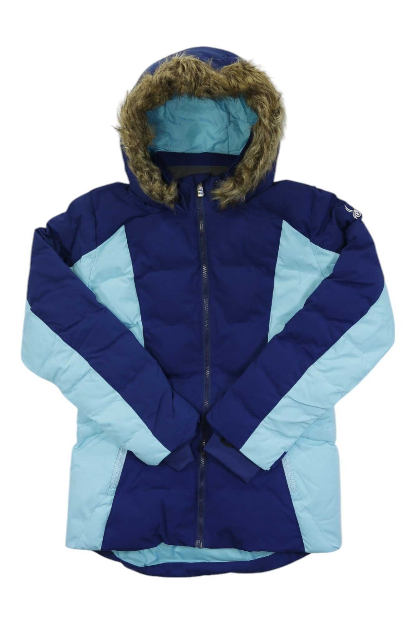 The Spyder Girls Atlas Synthetic Jacket features a brown faux fur-lined hood, synthetic insulation for warmth, a dark blue body with light blue side and sleeve panels, and a front zipper closure.