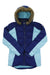 The Spyder Girls Atlas Synthetic Jacket features a brown faux fur-lined hood, synthetic insulation for warmth, a dark blue body with light blue side and sleeve panels, and a front zipper closure.