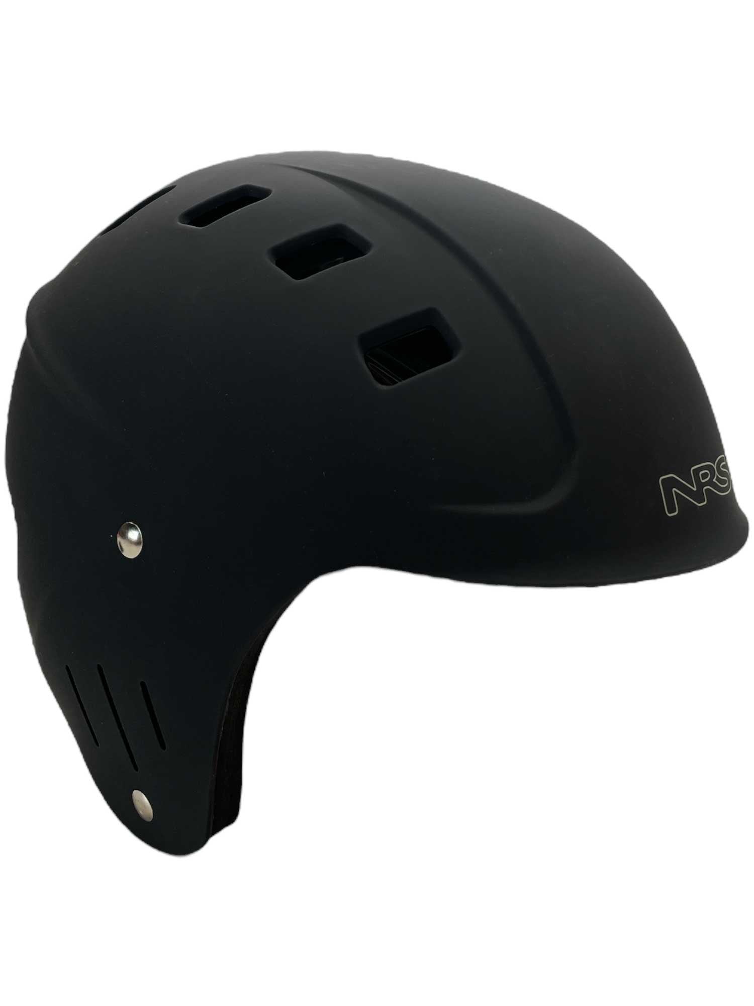 The NRS Chaos Helmet - Full Cut is a black water sports helmet with ventilation holes on the top and sides and a small NRS logo near the front, designed for optimal protection during whitewater activities.
