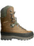 Men's brown lace-up waterproof hunting boot with green collar and lug sole