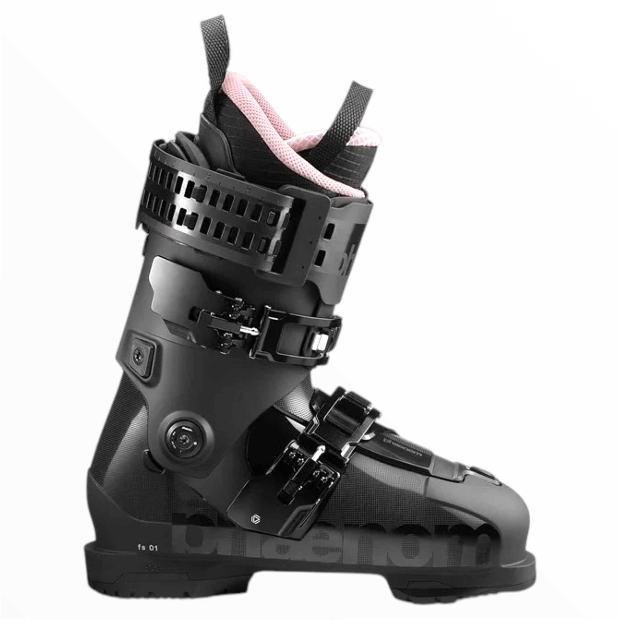 The Phaenom FS 01 90 Ski Boot by Phaenom is a black all-mountain freeski boot with two adjustable buckles, a textured shell, and pink inner lining, designed for a customizable fit and shown in profile against a white background.