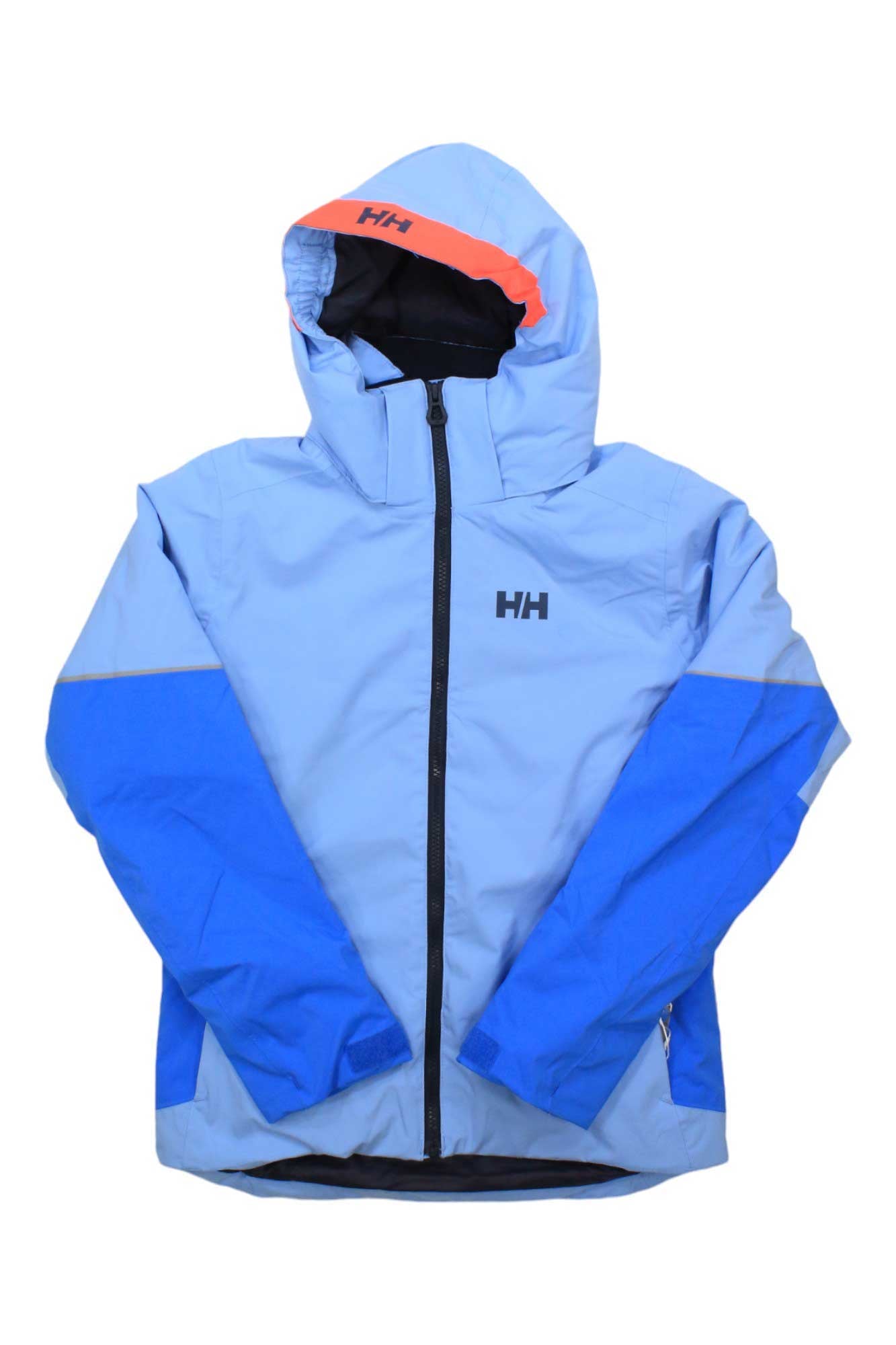The Helly Hansen Juniors Jewel Jacket is a light blue kids’ ski jacket with darker blue sleeves, black zipper, orange trim inside the hood, and HH logos—perfect as a waterproof ski jacket for kids.