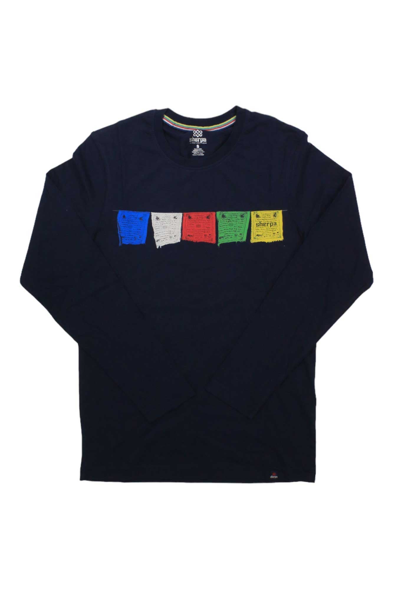 Men's navy long-sleeve tee with colorful square chest graphic