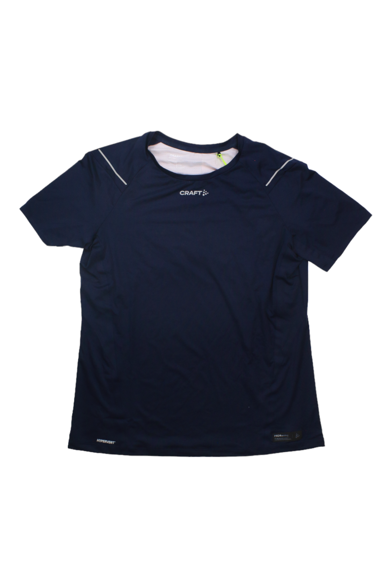The Craft Sportswear Womens Pro Hypervent SS Tee is a navy blue polyester mesh short sleeve with white shoulder accents and a small chest logo, displayed flat on a white background to highlight its athletic design.