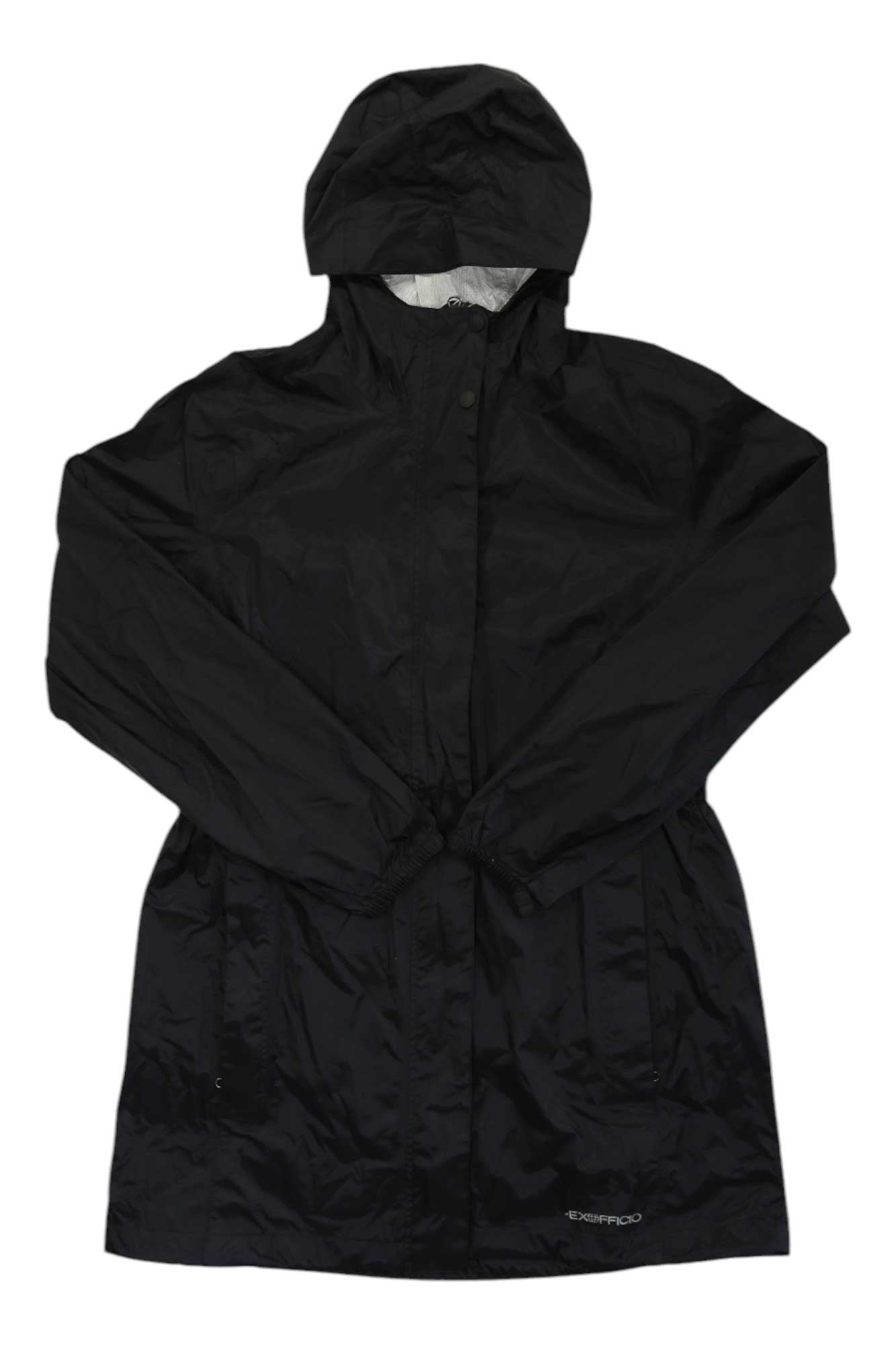 The ExOfficio Womens Lagoa Jacket, a black hooded raincoat with long sleeves and front pockets, is shown laid flat on a white background. Stay dry and comfortable in this breathable outdoor jacket.