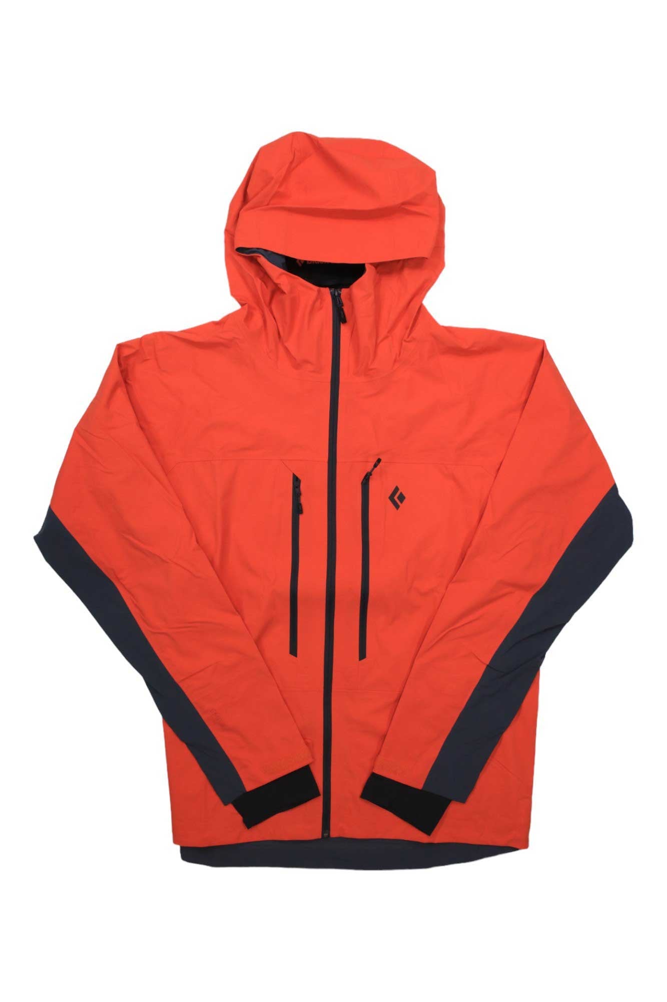 The Black Diamond Mens Dawn Patrol Hybrid Shell Jacket features a bright orange color with black zipper details and sleeve accents, shown laid flat on a white background—a versatile climbing jacket for outdoor use.