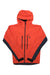 The Black Diamond Mens Dawn Patrol Hybrid Shell Jacket features a bright orange color with black zipper details and sleeve accents, shown laid flat on a white background—a versatile climbing jacket for outdoor use.