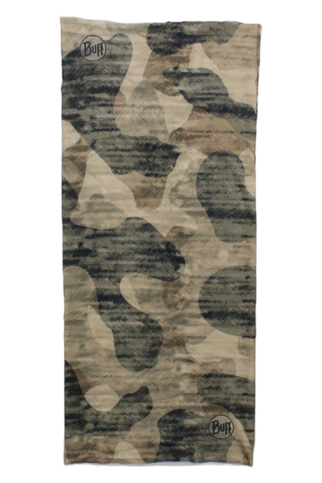 The Buff CoolNet UV+ MFL Headwear is a rectangular multifunctional gaiter with a brown, green, and beige camouflage pattern, Buff logo in two corners, and UPF 50+ sun protection.