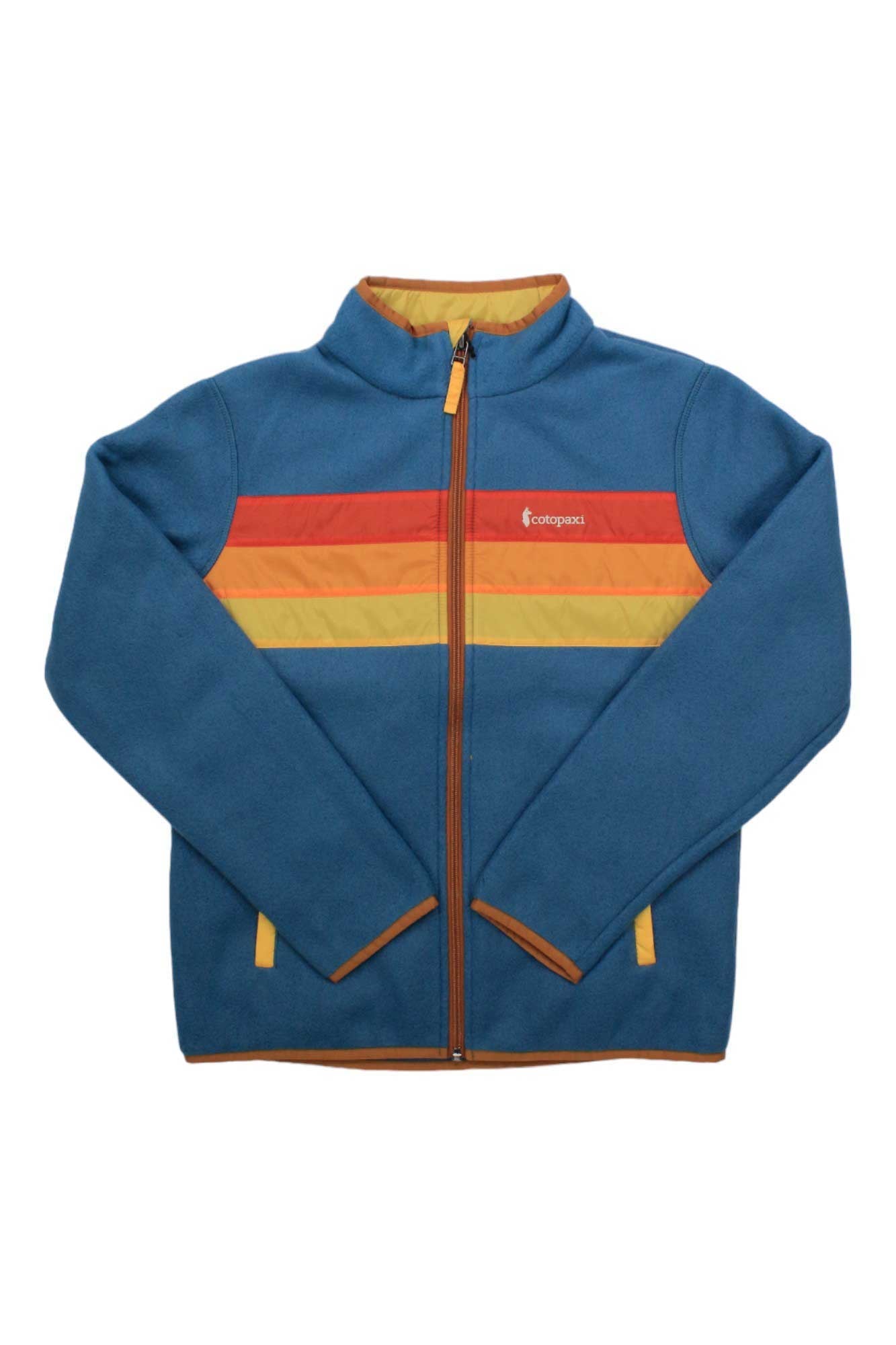 The Cotopaxi Kids Teca Fleece Jacket is a blue recycled fleece jacket with orange and yellow chest stripes, orange trim on the zipper and pockets, plus a small Cotopaxi logo—perfect for outdoor adventures.