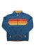The Cotopaxi Kids Teca Fleece Jacket is a blue recycled fleece jacket with orange and yellow chest stripes, orange trim on the zipper and pockets, plus a small Cotopaxi logo—perfect for outdoor adventures.