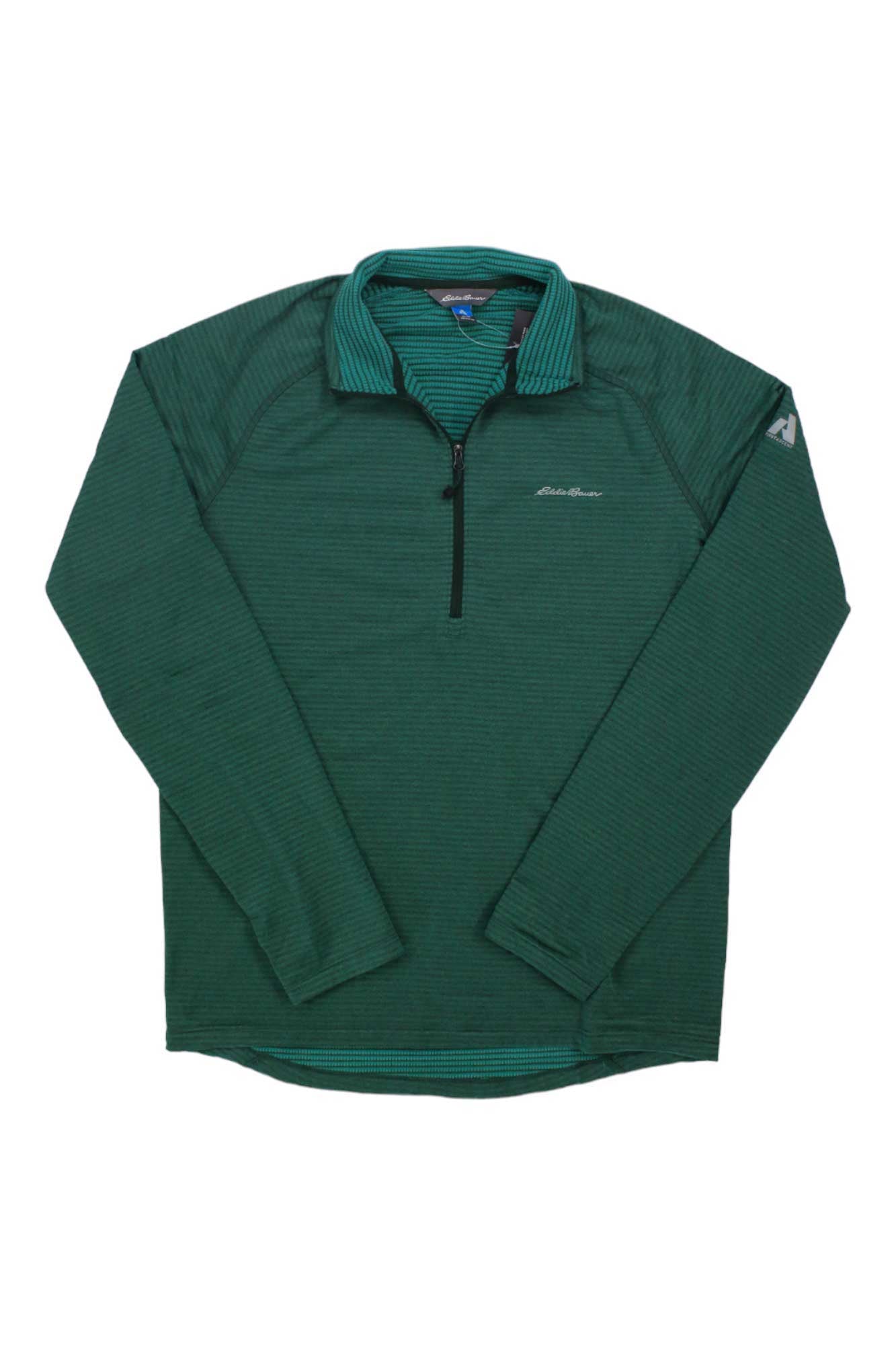 The Eddie Bauer First Ascent Men's High Route Grid Air HZ Top is a lightweight, long-sleeve dark green hiking shirt with a quarter-zip front, subtle stripes, an embroidered chest logo, and moisture-wicking fabric for trail comfort.