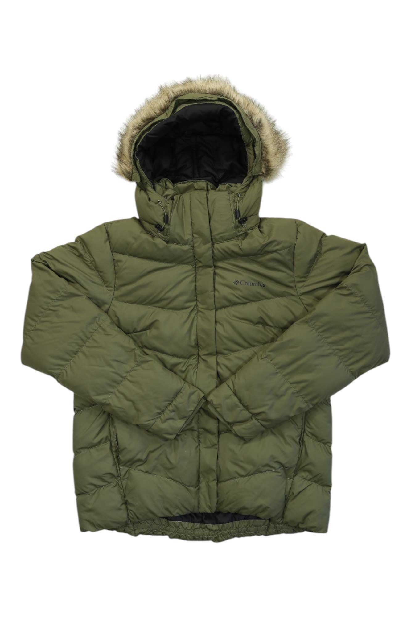 Women’s insulated puffer jacket in green with fur-trim hood and full zip front