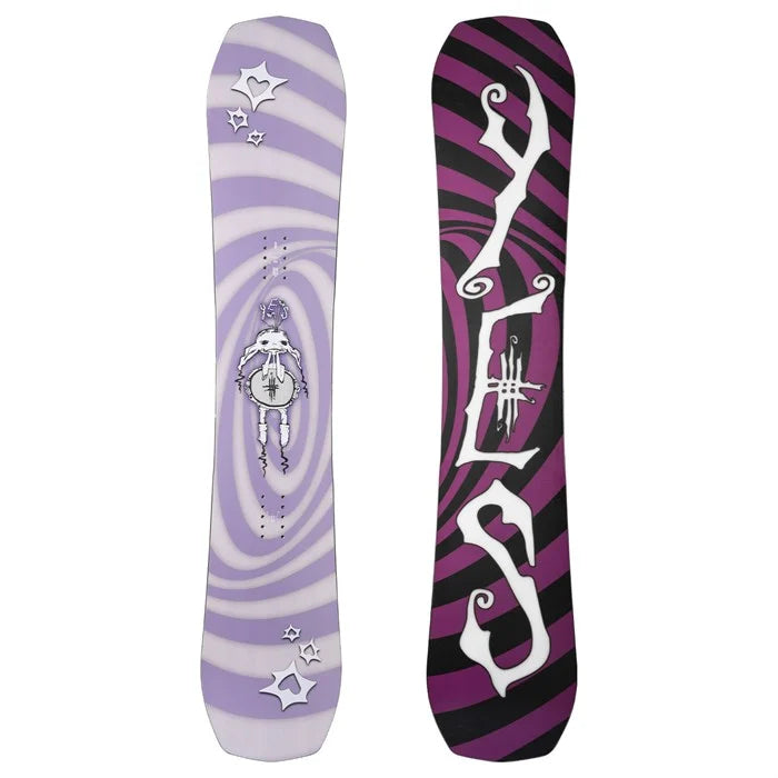 Two YES Womens Rival Snowboard 26s feature swirling purple and black patterns. One side has an illustrated character with stars, the other boasts bold white text—ideal for all-mountain or freestyle riding.