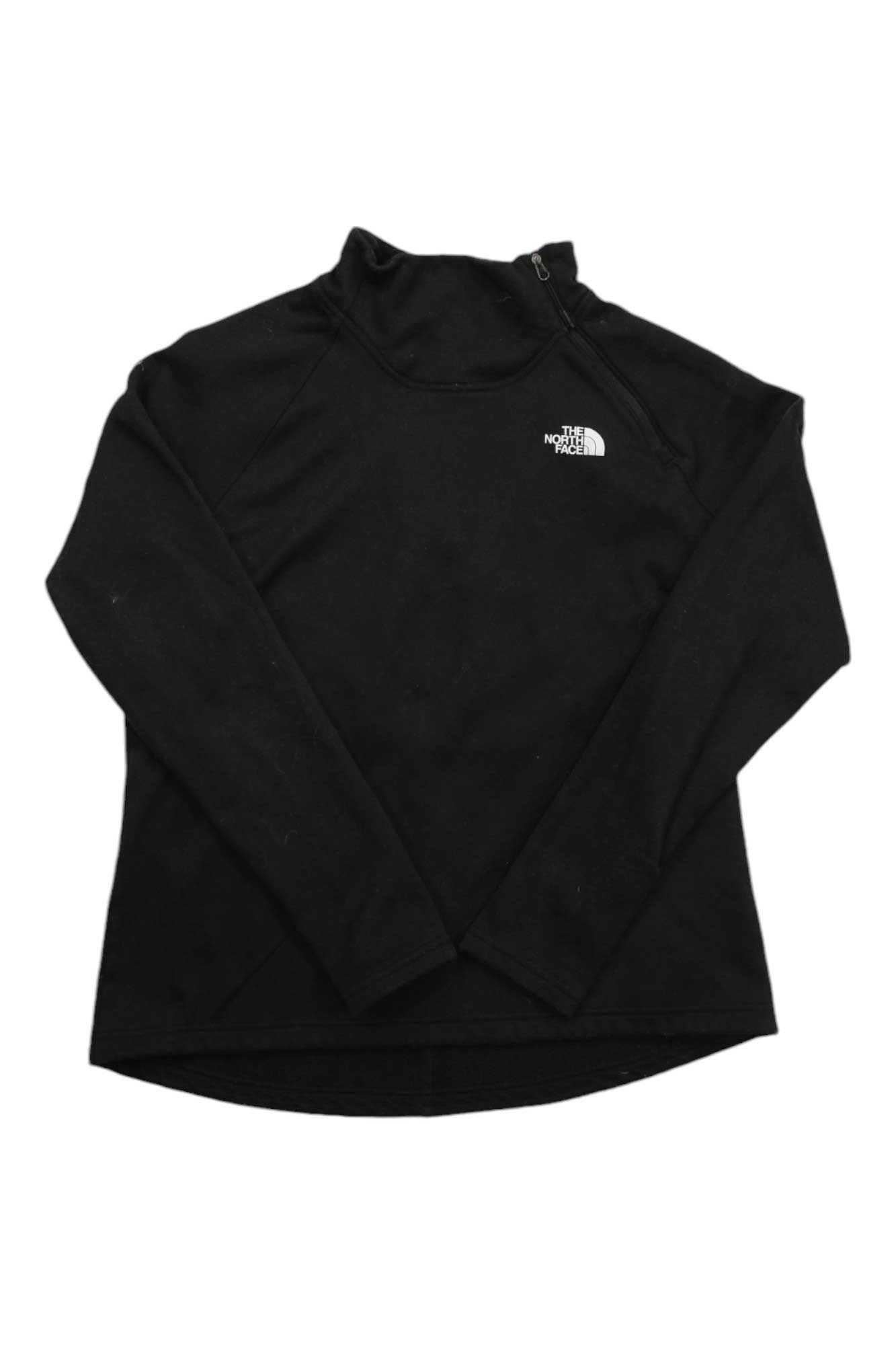 The North Face Womens Canyonlands 1/4 Zip Top is a black fleece pullover with long sleeves and a white logo on the left chest, ideal for outdoor adventures.