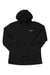A black Salewa Mens Sella DST Jacket with a hood, front zipper, two side pockets with orange zippers, and a small white chest logo is shown laid flat on a white background. This jacket is designed for outdoor use and is waterproof.
