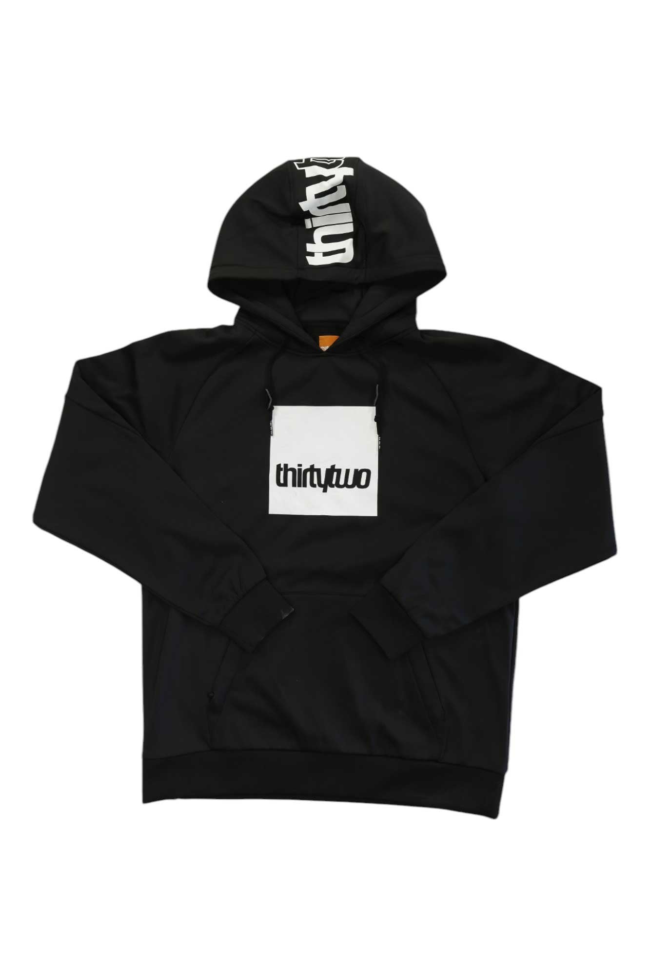 The ThirtyTwo Mens Franchise Tech Hoodie is a black hoodie featuring a front pocket and “thirtytwo” printed in white on the chest and hood. Laid flat on a white background, it’s perfect for outdoor adventures.