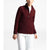A person wears The North Face Womens Mountain Sweatshirt 3.0 Pullover in maroon, made from recycled polyester, paired with white pants, standing against a plain white background.