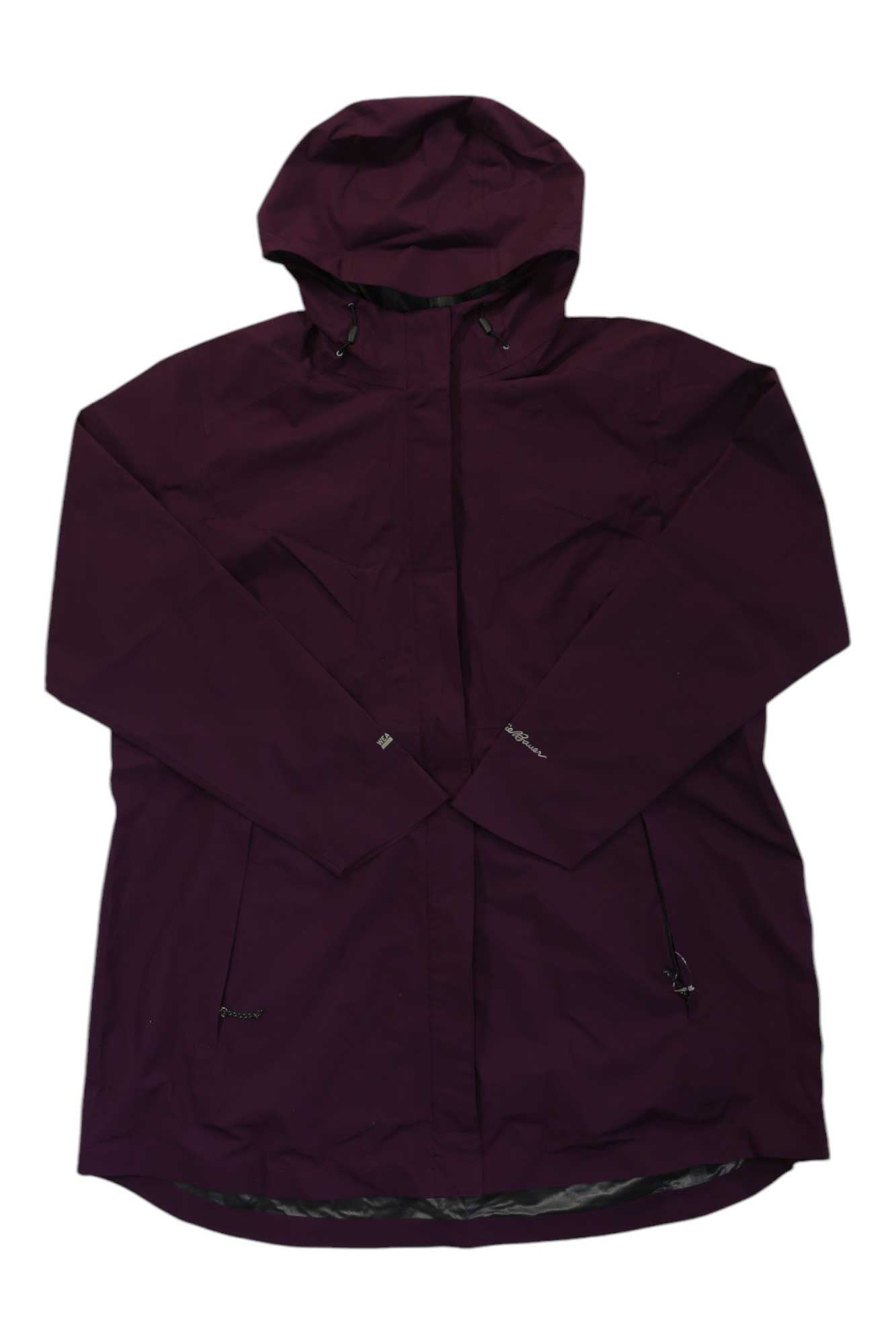 The Eddie Bauer Womens Cloud Cap Stretch Rain Parka in dark purple features a hood, long sleeves, front zipper closure, and zippered side pockets, shown laid flat on a white background.