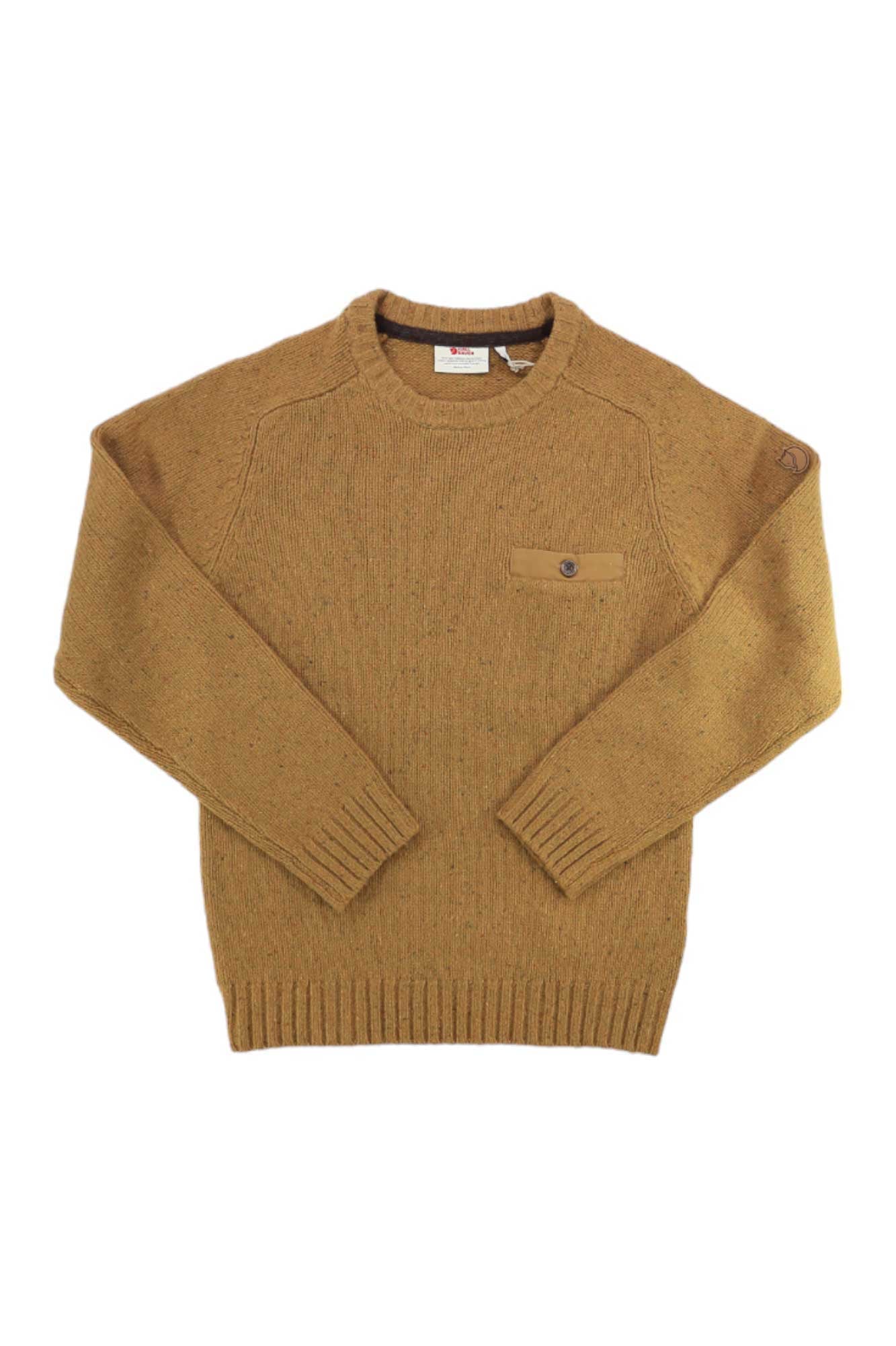 The Fjallraven Mens Lada Round-Neck Sweater is a mustard yellow lambswool knit with long sleeves, ribbed cuffs and hem, a crew neck, and a buttoned left chest pocket—ideal for trekking.