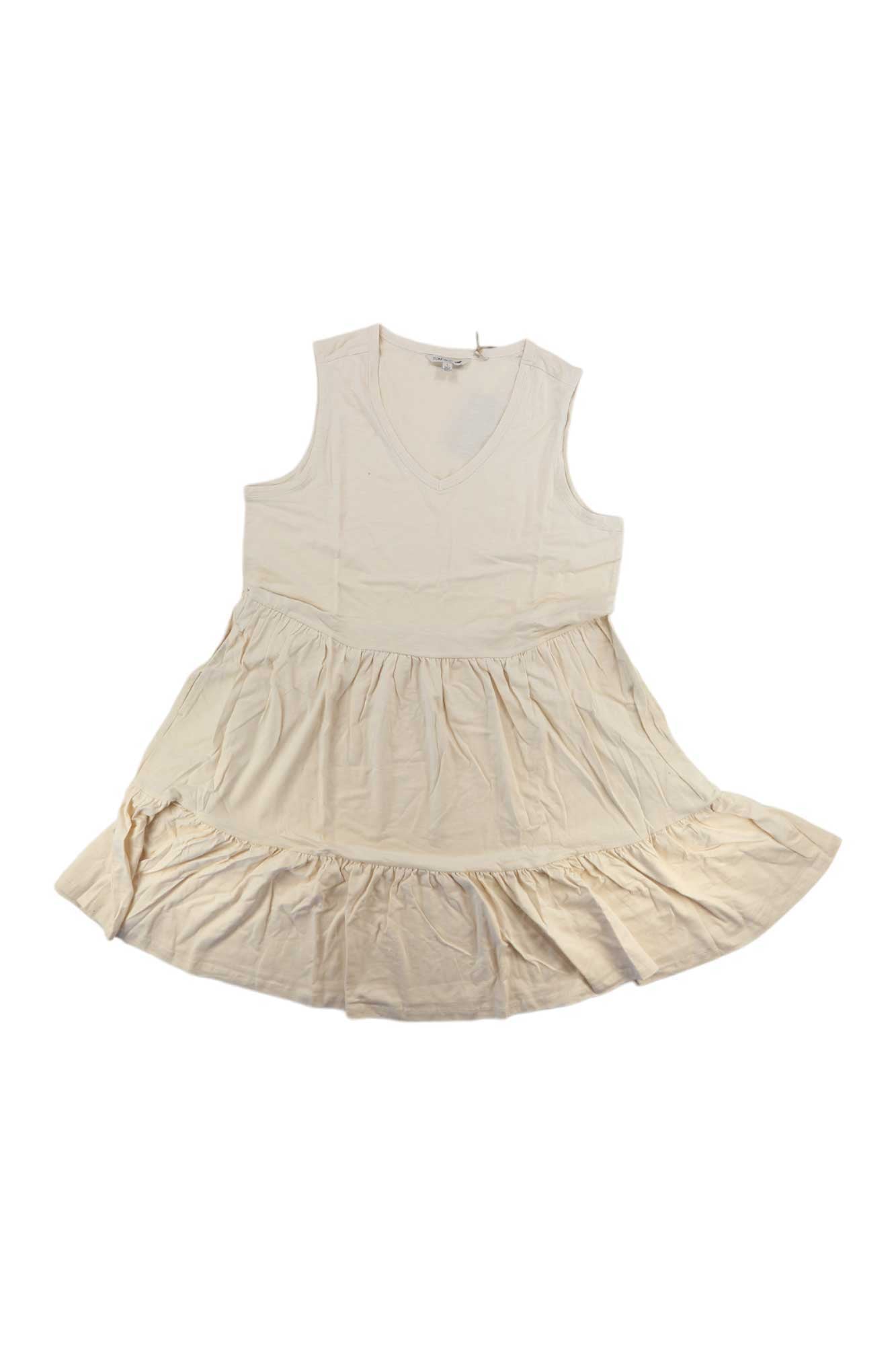 Women's sleeveless V-neck tiered dress, light beige with gathered skirt