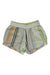 KAVU Womens Aberdeen 3 Inch Short in green, gray, beige, and yellow stripes features organic cotton and an elastic waistband—perfect for casual wear. Laid flat on a white background.
