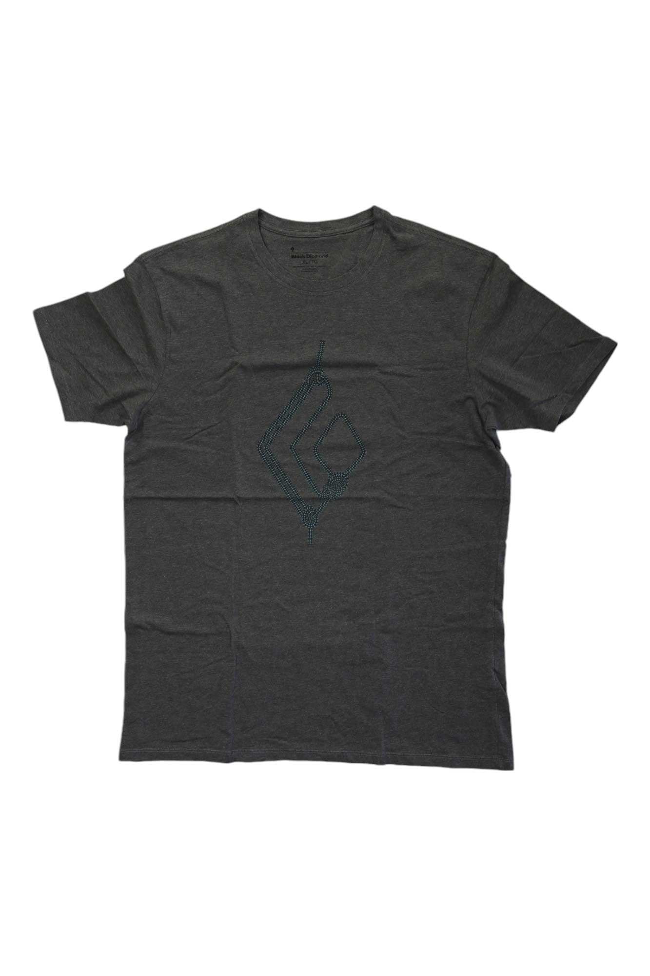 The Black Diamond Men's Rope Diamond Tee is a plain dark gray short-sleeve t-shirt made from organic cotton, featuring a subtle geometric diamond design on the chest.