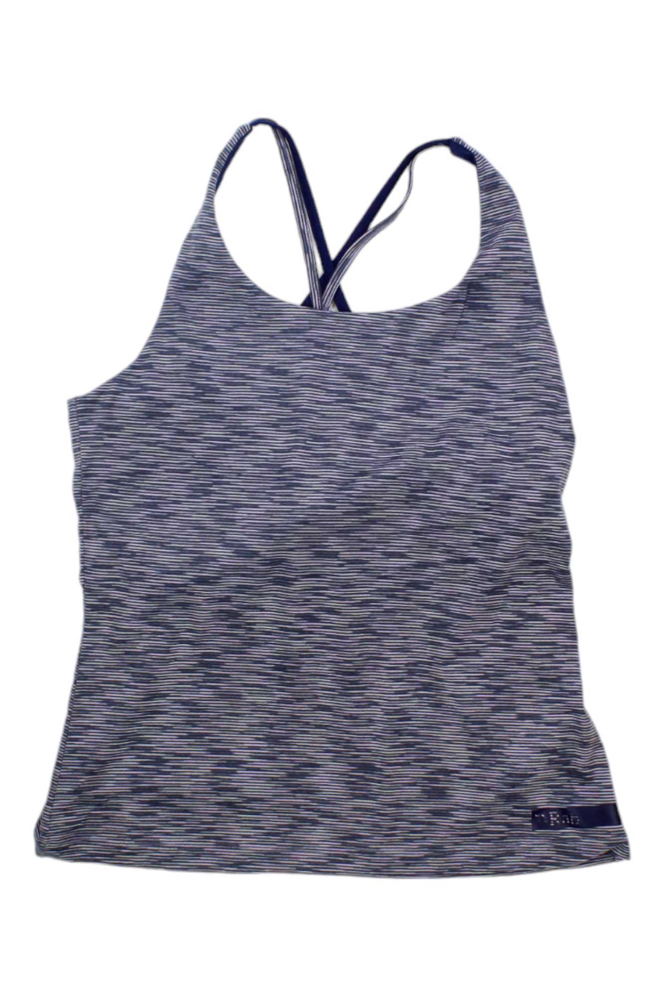 Rab Womens Lineal Tank: Gray women's tank top with thin black crisscross straps and a subtle heathered pattern. Made from moisture-wicking fabric—ideal for travel. Shown laid flat on a white background.