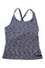 Rab Womens Lineal Tank: Gray women's tank top with thin black crisscross straps and a subtle heathered pattern. Made from moisture-wicking fabric—ideal for travel. Shown laid flat on a white background.