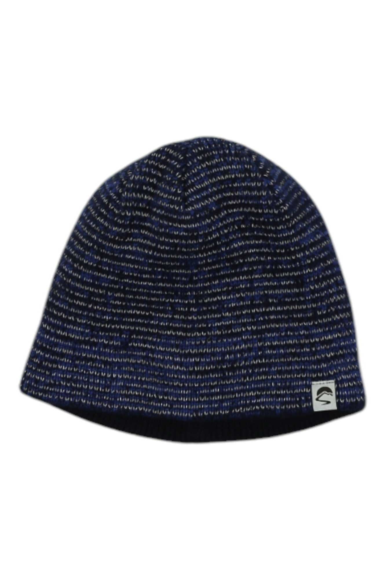 The Sunday Afternoons Kids Nightfall Reflective Beanie features blue and black horizontal stripes, a white tag with a black logo, and reflective yarn—perfect for outdoor activities and enhanced kids’ safety.