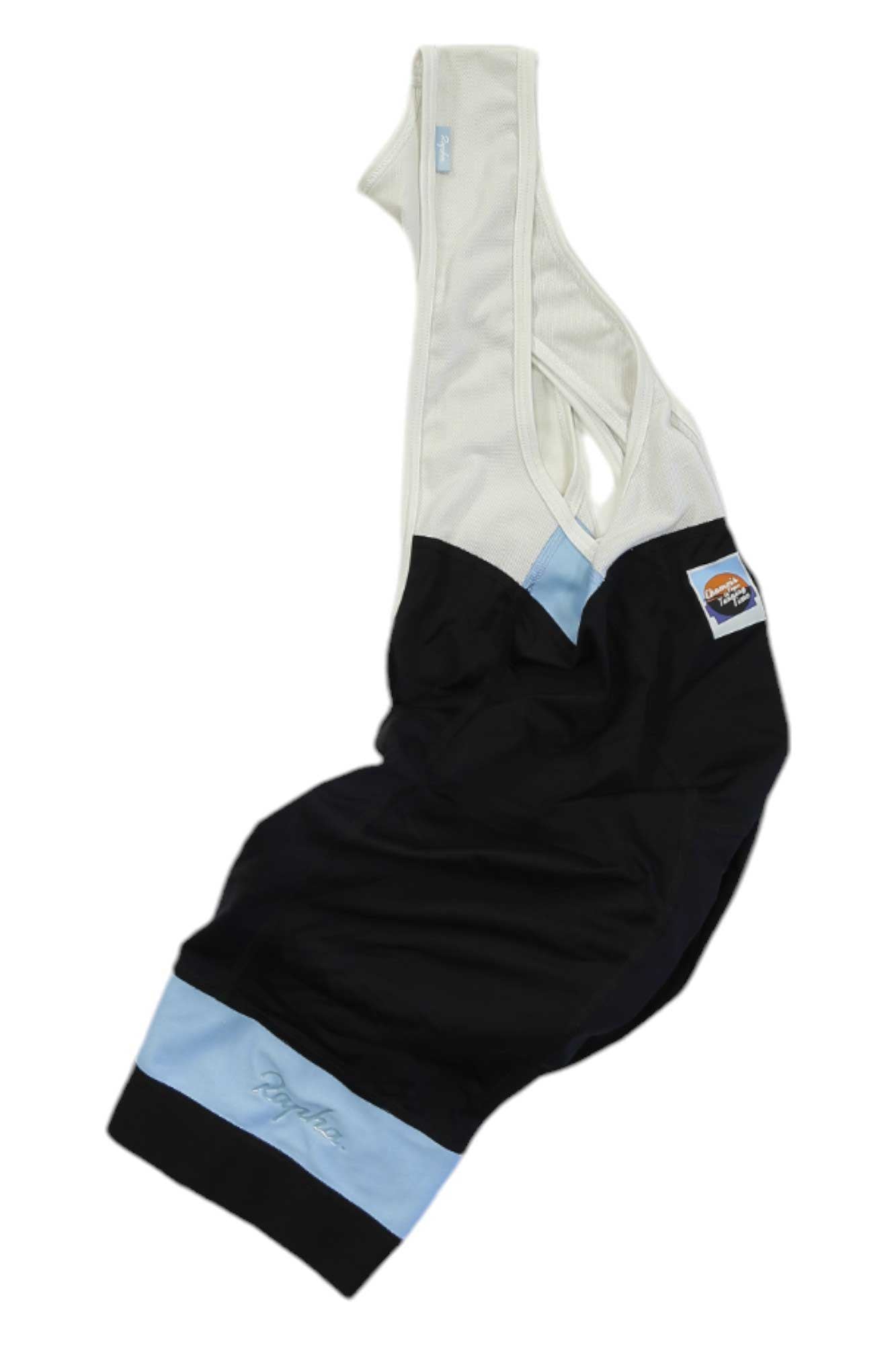 The Rapha Lightweight Bib Shorts in black, white, and light blue feature a mesh upper for moisture-wicking comfort and a left-side patch. Laid flat on a white background, they're ready for your next cycling adventure.