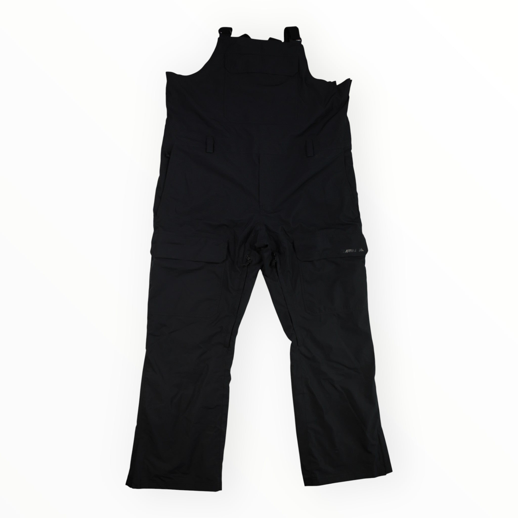 Armada Mens Sumpter 2L Bib Pants in black, shown flat on a white background. These waterproof bibs feature adjustable shoulder straps, a front chest pocket, loose fit, and reinforced knees—essential snow gear.
