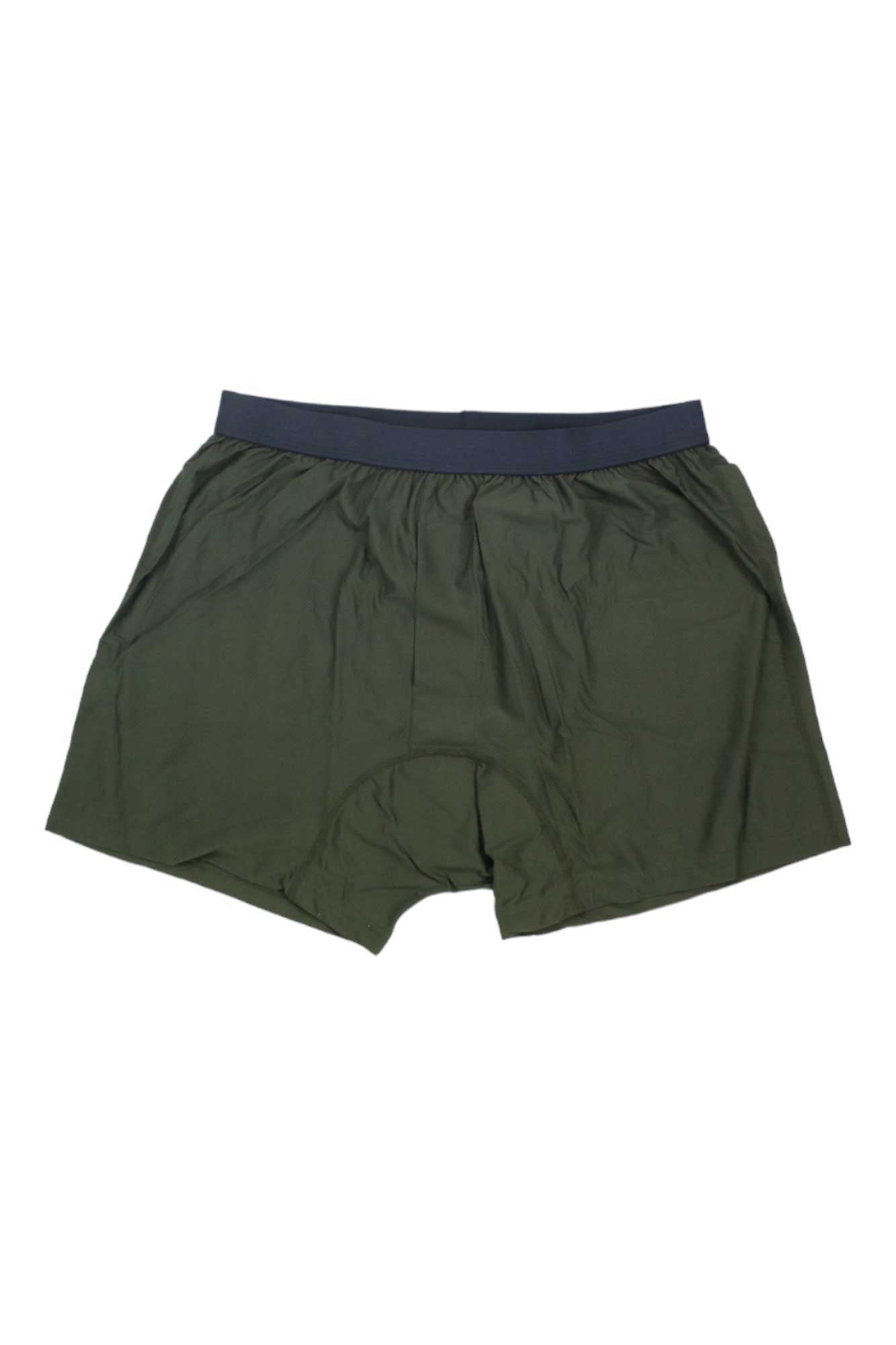 Men's boxer briefs in olive green with elastic waistband and fly front