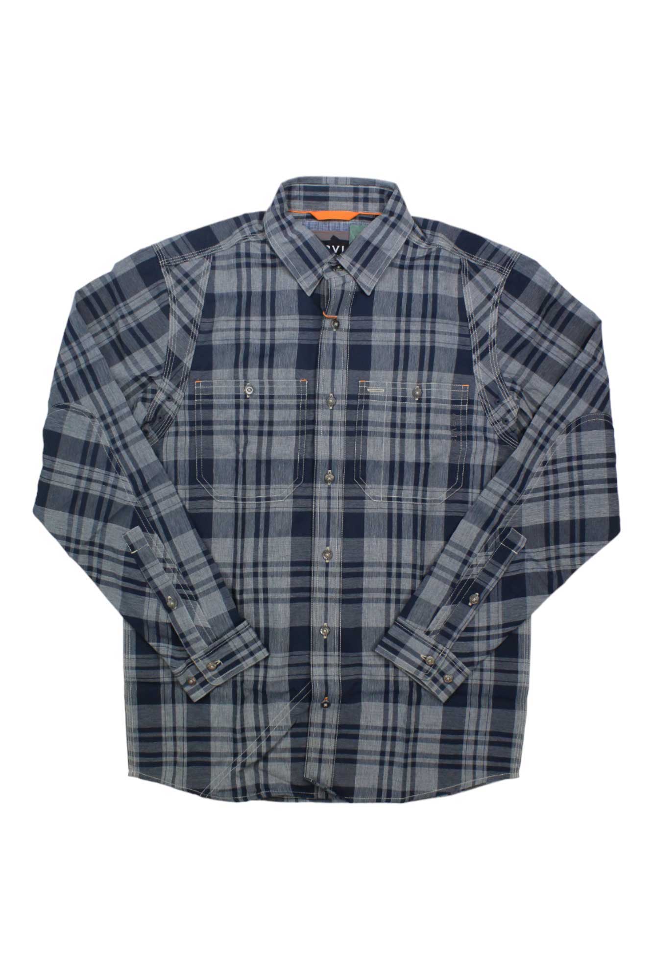 Men's dark plaid workshirt, long-sleeve button-up with chest pockets