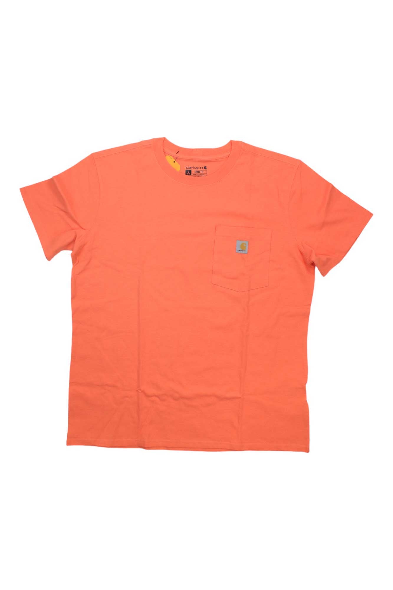 The Carhartt Womens WK87 Workwear Pocket SS T-Shirt is a plain, orange, short-sleeved tee with a small chest pocket and rectangular logo patch, shown laid flat on a white background.