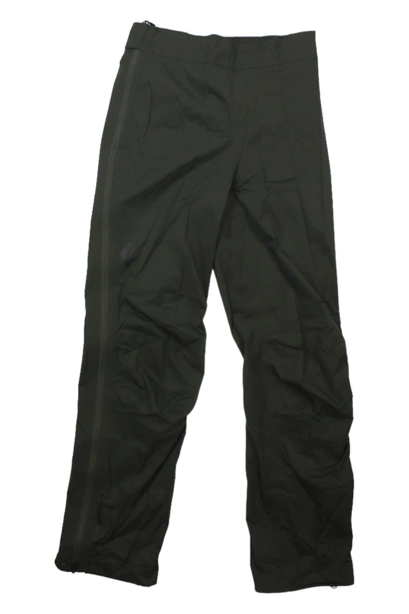 The Black Diamond Mens StormLine Stretch Full Zip Rain Pant, shown laid flat on a white background, features stretch fabric and full-length side zippers, making it perfect hiking rainwear.