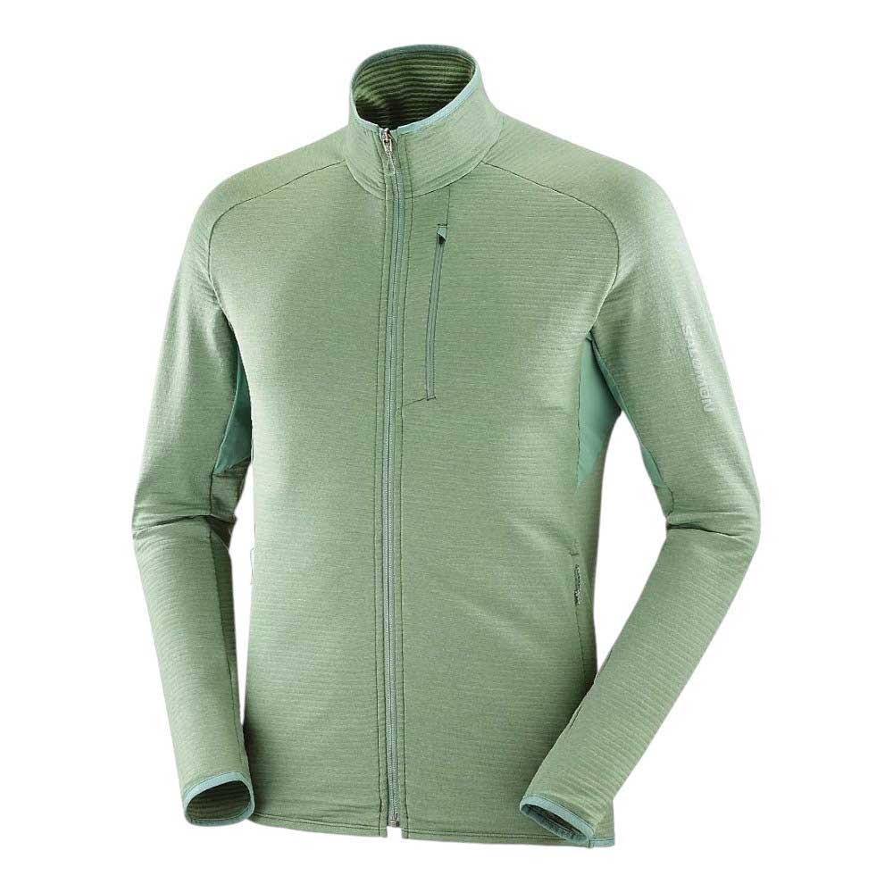 Men's full-zip warm jacket in light green, stand collar, zip front.
