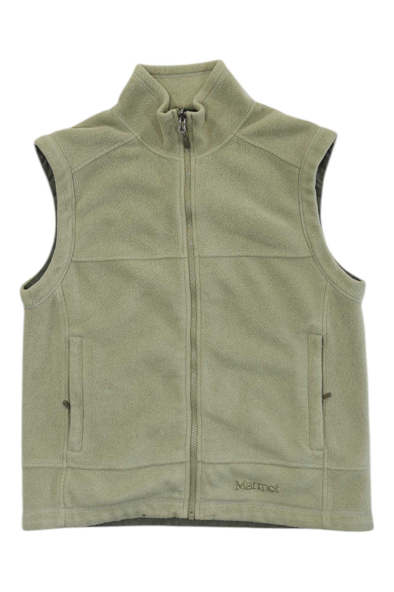 Men's vintage fleece vest, light green, full front with zip and side pockets