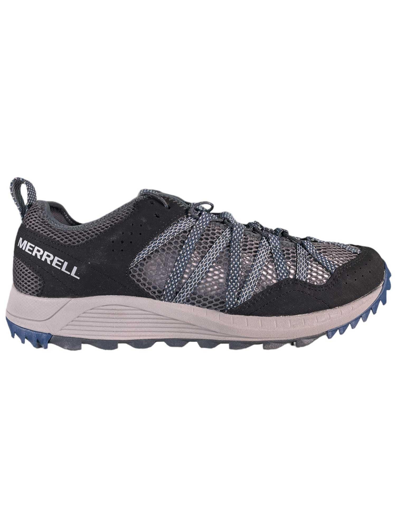 Merrell men's Wildwood Aerosport shoe, dark gray mesh upper with blue outsole