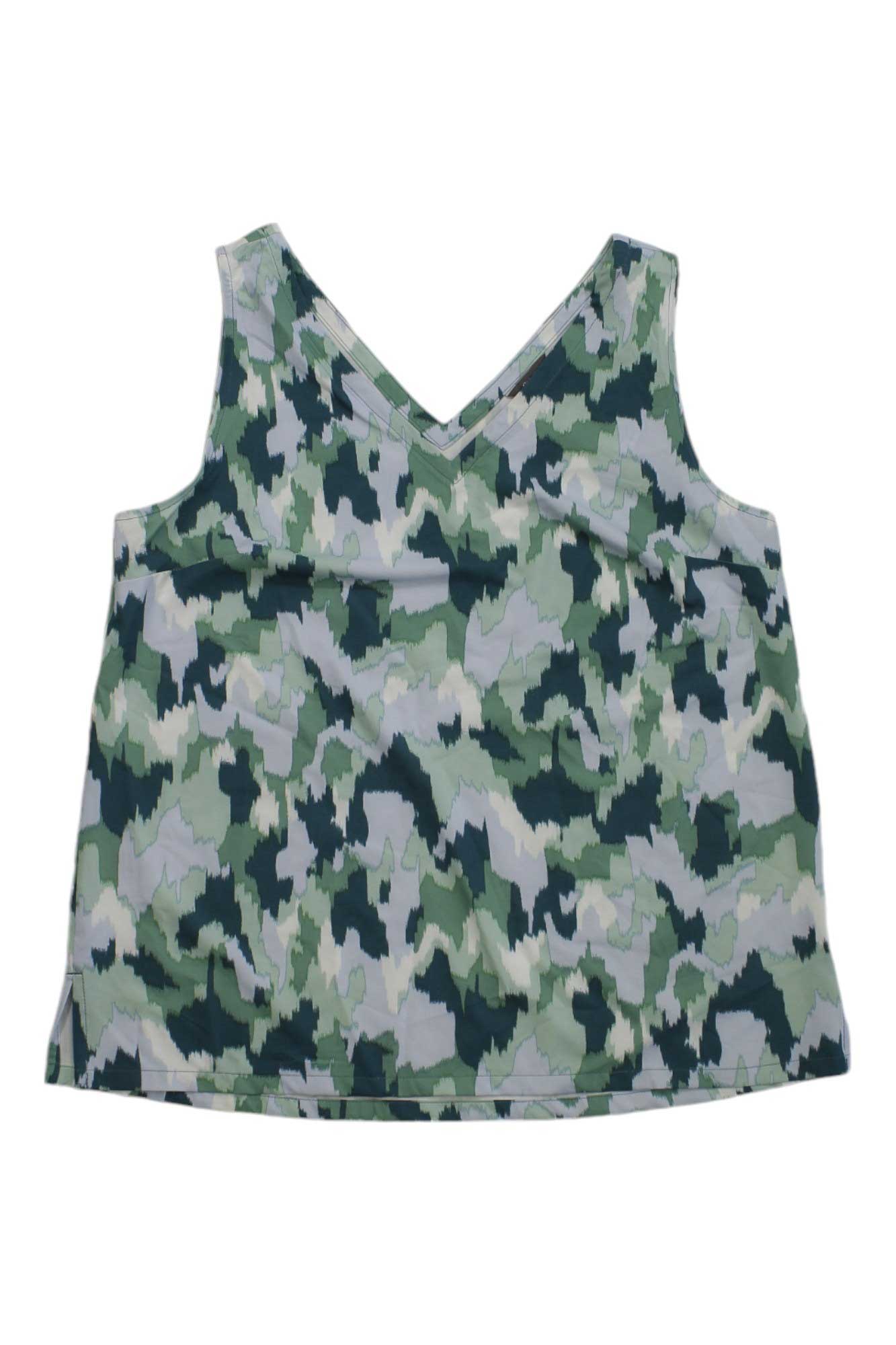 The Eddie Bauer Travex Womens Departure V Neck Tank - Printed features a sleeveless V-neck design with a green, white, and gray camo pattern, offering moisture-wicking comfort and UPF 50 sun protection. Shown laid flat on a white background.