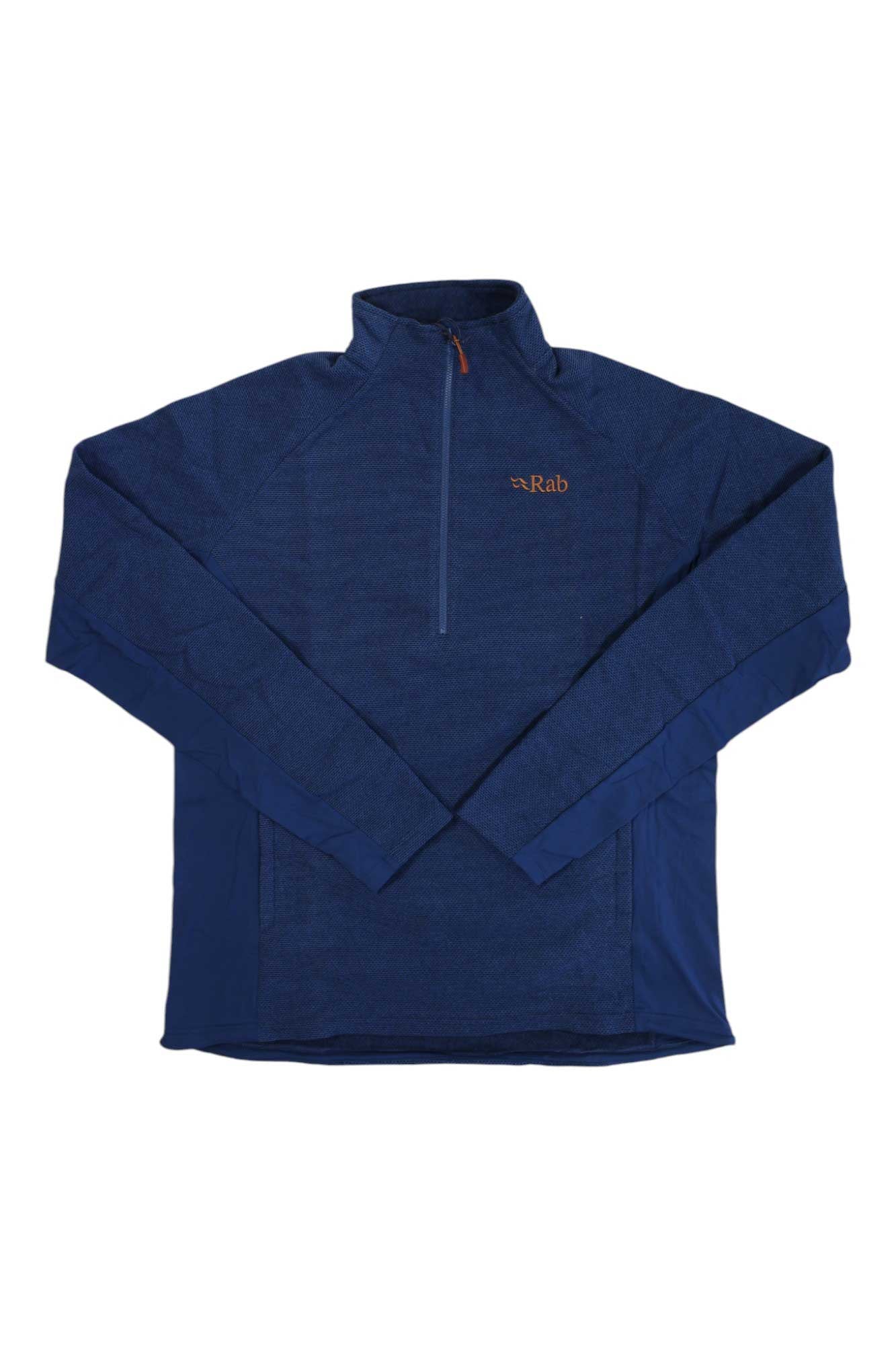Men's royal blue quarter-zip fleece pullover with stand collar and Rab logo