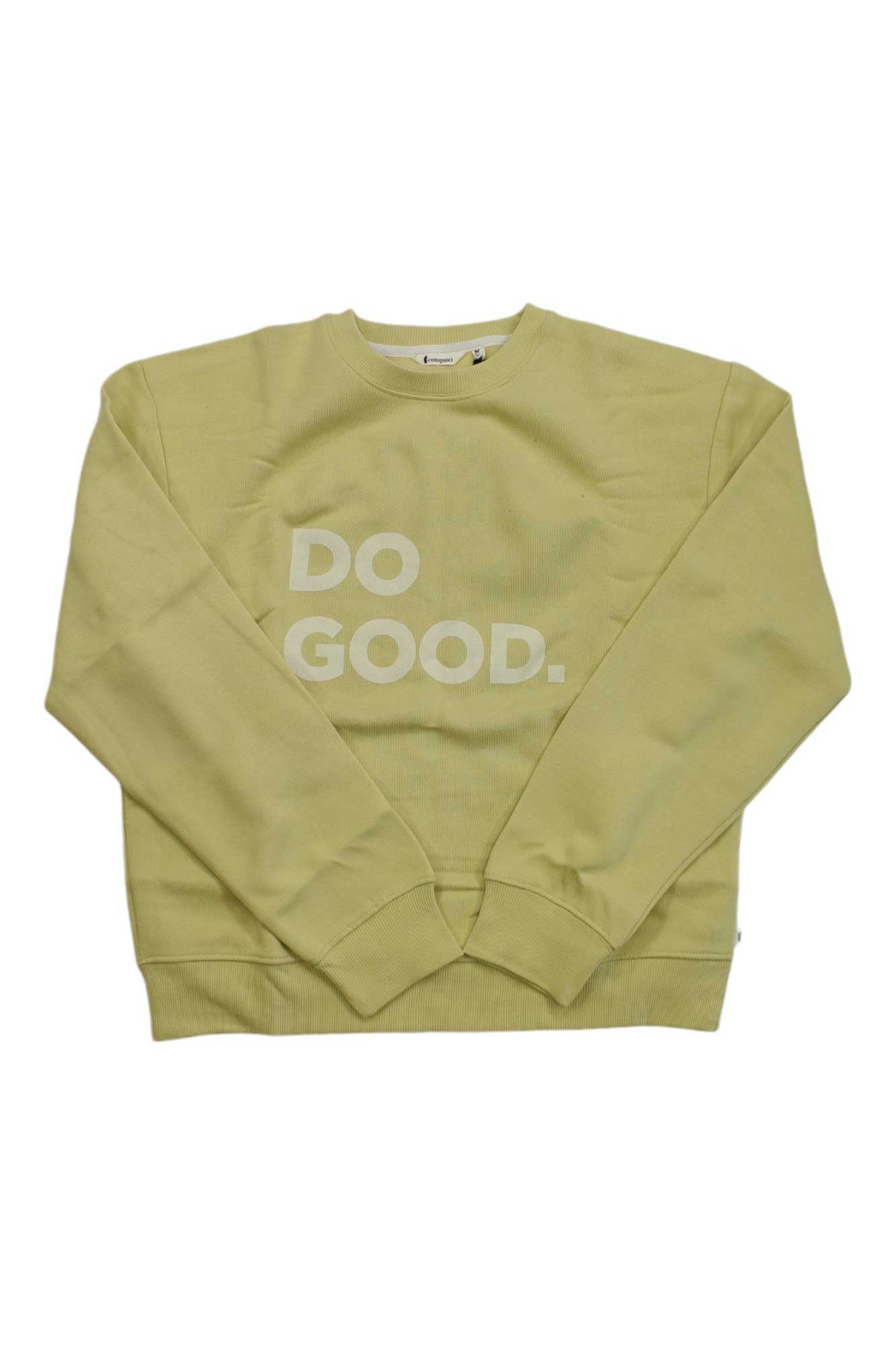 The Cotopaxi Women's Do Good Crew Sweatshirt is a light green, organic cotton-blend classic crew with "DO GOOD." printed in bold white letters on the front, shown laid flat on a white background.
