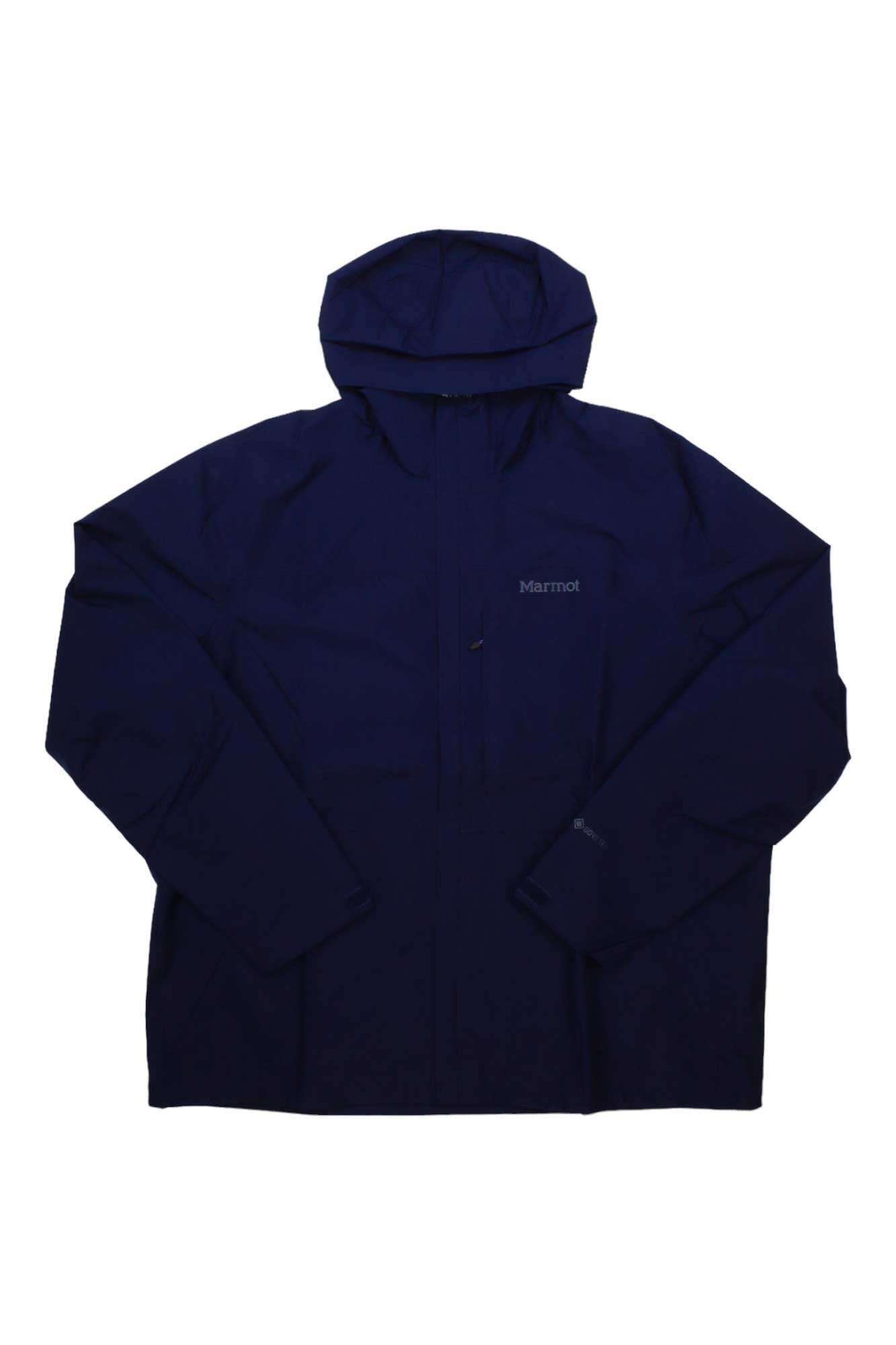 The Marmot Mens Minimalist Jacket - Big is a dark blue GORE-TEX men's jacket with long sleeves, a front zipper, and the Marmot logo on the chest. This waterproof jacket is displayed flat on a white background.