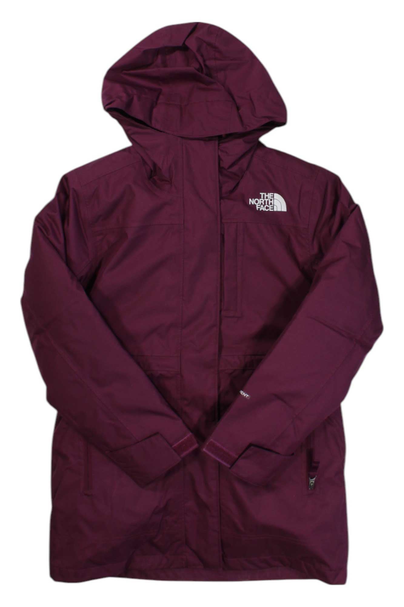 The North Face Girls North Down Triclimate Jacket is a burgundy, long-sleeve hooded rain jacket with a zip front and white logo on the left chest and wrist—made from recycled materials for stylish, sustainable outdoor wear.