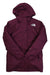 The North Face Girls North Down Triclimate Jacket is a burgundy, long-sleeve hooded rain jacket with a zip front and white logo on the left chest and wrist—made from recycled materials for stylish, sustainable outdoor wear.