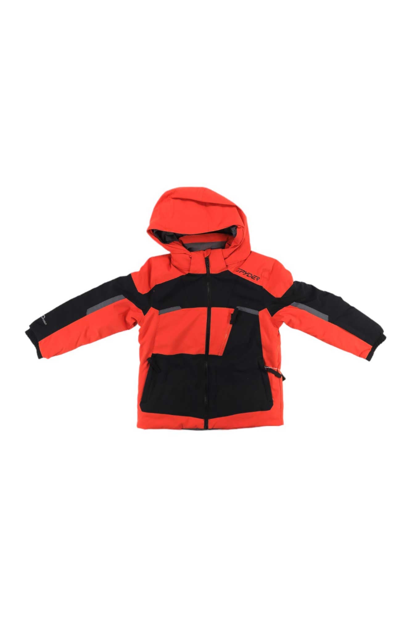 The Spyder Boys Leader Jacket, in bright red and black, features a zipper front, long sleeves, and multiple pockets. This insulated jacket is perfect for winter activities.