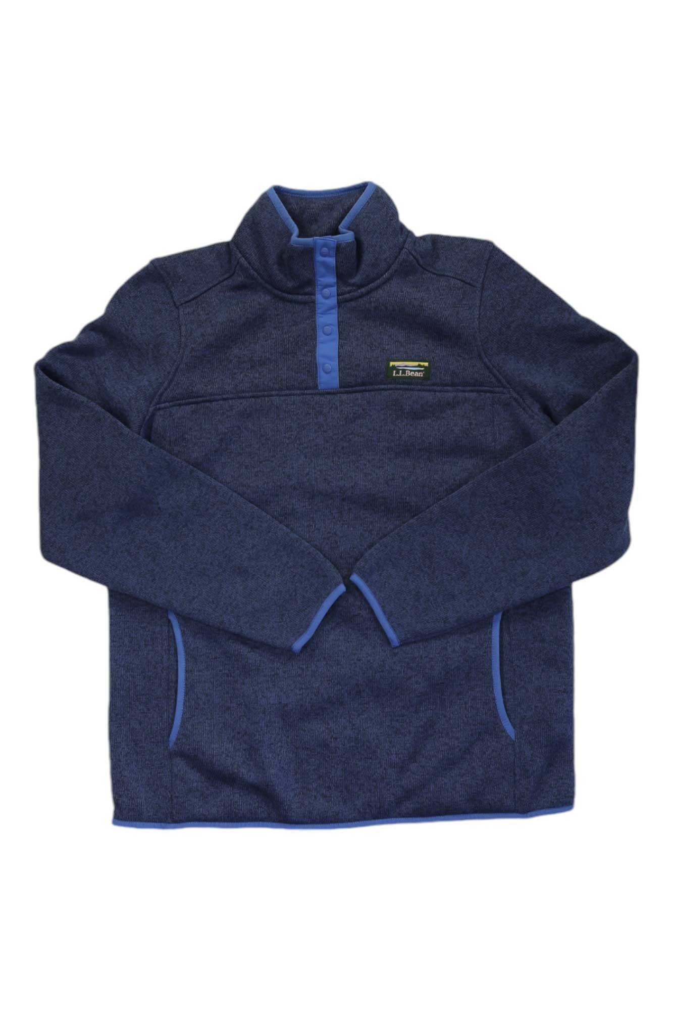 The L.L.Bean Women's Sweater Fleece Pullover is a navy blue top with a stand-up collar, snap-button placket, long sleeves, light blue trim, front pockets, and a small chest logo patch.