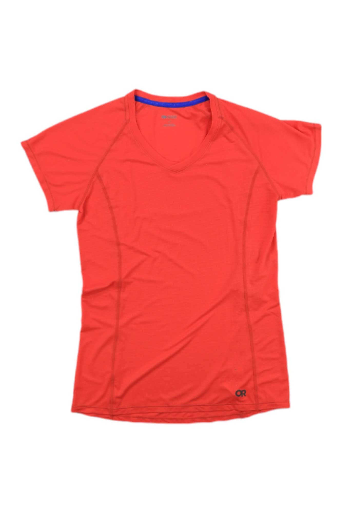 The Outdoor Research Womens Echo T-Shirt is a short-sleeved, moisture-wicking v-neck tee in vibrant red, made from recycled polyester with subtle seam details. Shown laid flat on a white background.