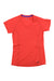 The Outdoor Research Womens Echo T-Shirt is a short-sleeved, moisture-wicking v-neck tee in vibrant red, made from recycled polyester with subtle seam details. Shown laid flat on a white background.